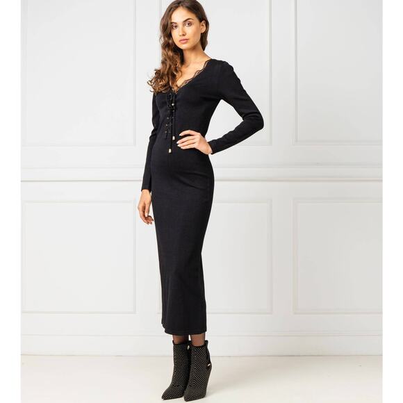 NWOT Silvian Heach TELAH Black Lace-Up Midi Dress Sz XL Long Sleeve Ribbed Knit - Picture 1 of 16